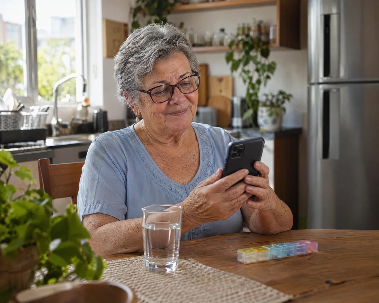 Senhora olhando o alarme do remédio no celular