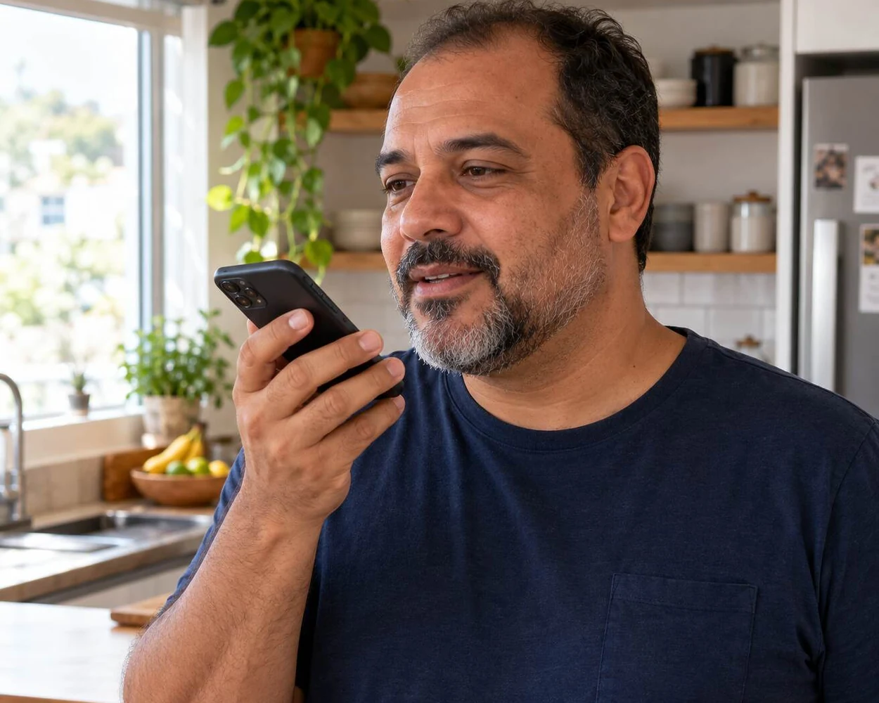 Homem mandando áudio pelo celular na cozinha
