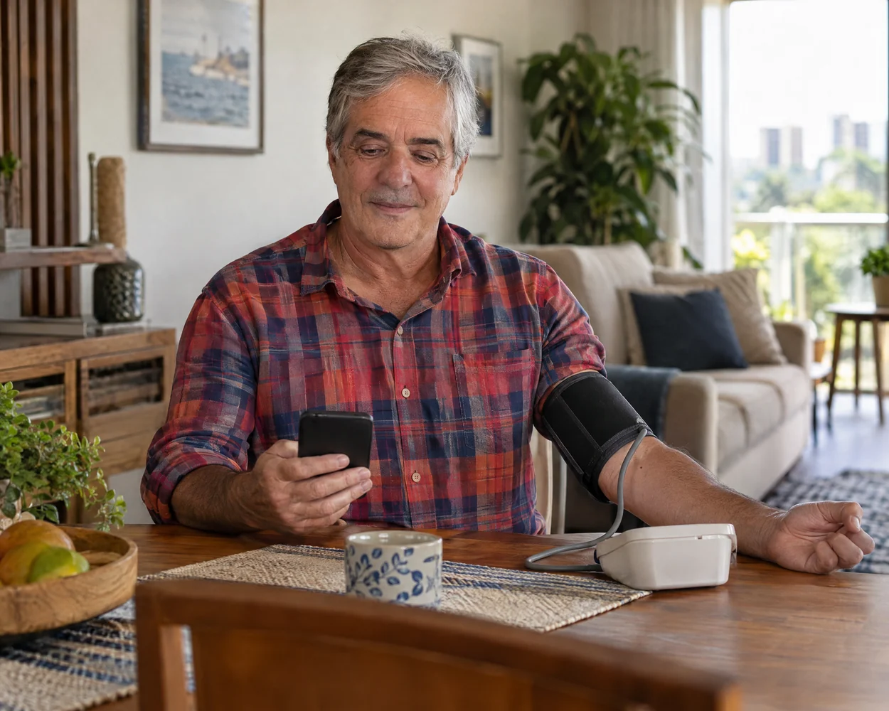 Homem medindo a pressão e anotando no celular