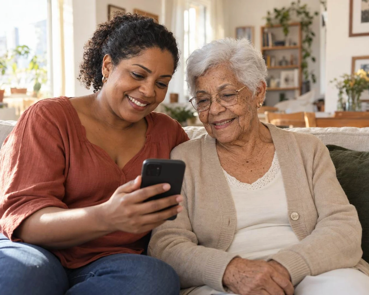 Mulher com a mãe idosa olhando o celular juntas