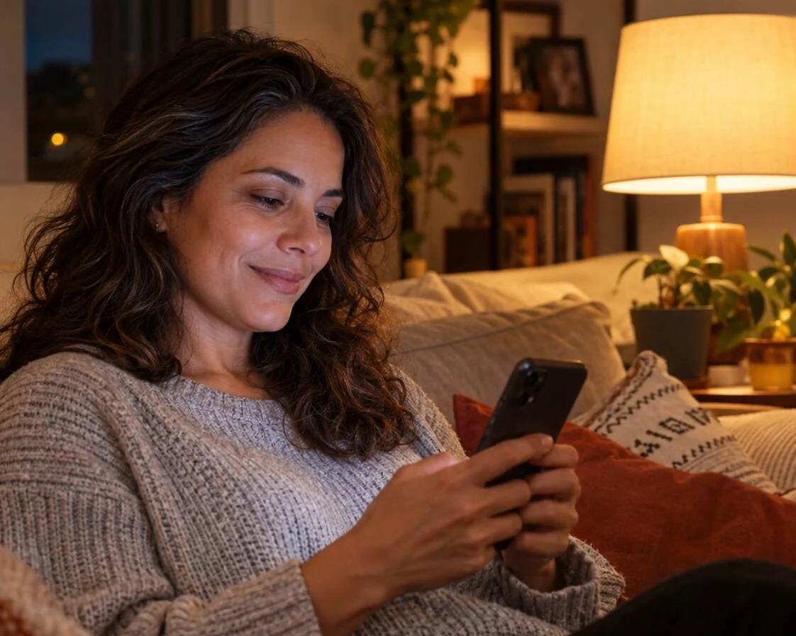Mulher no sofá à noite olhando o celular