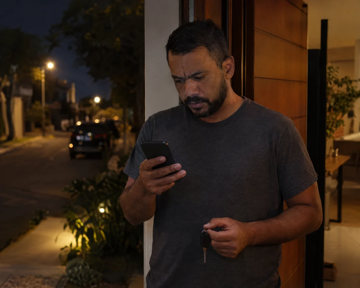 Homem procurando o hospital mais perto no celular à noite